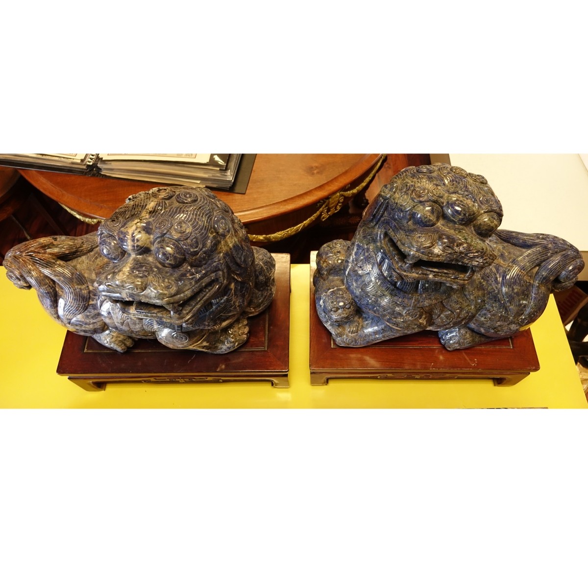 Chinese Carved Lapis Foo Dogs - Image 2 of 4