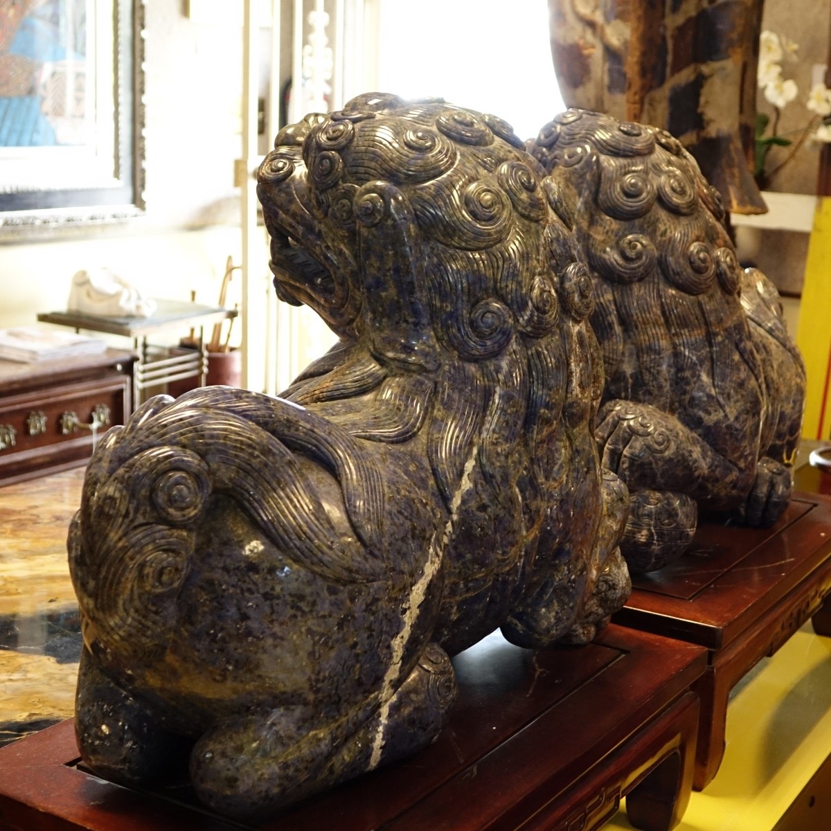 Chinese Carved Lapis Foo Dogs - Image 4 of 4