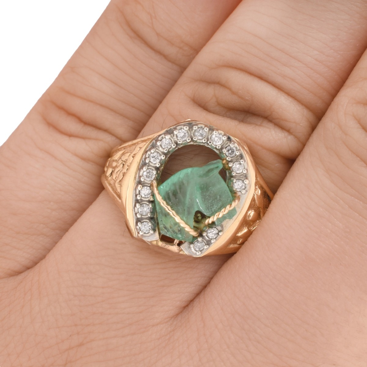 Carved Emerald, Diamond and 14K Ring - Image 7 of 7