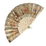18/19th C. Hand Colored Fan with Bone Sticks