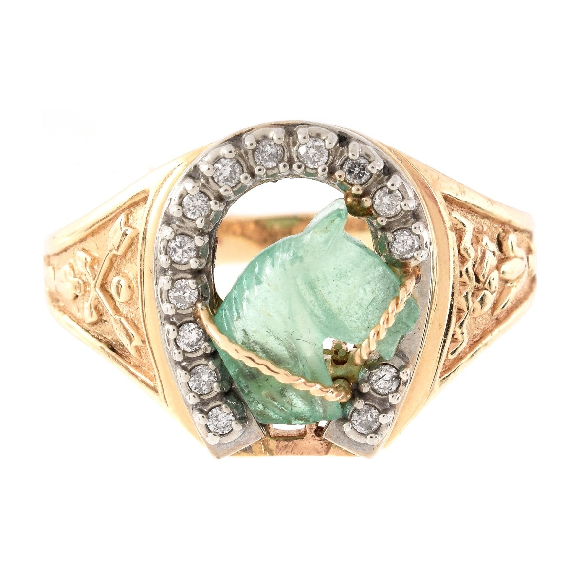 Carved Emerald, Diamond and 14K Ring - Image 2 of 7