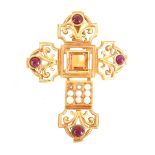 Vintage 14K and Gemstone Cross Pendant