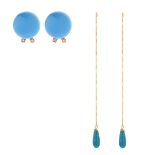 Two Pair Turquoise 18K Gold Earrings