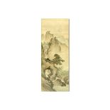 Large Antique Japanese Watercolor Scroll Painting, Landscape Scen