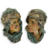 Pair of Vintage Polychrome Pottery Heads