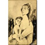 20th Century Gouache on Paper, Portrait of a Mother and Child, Si