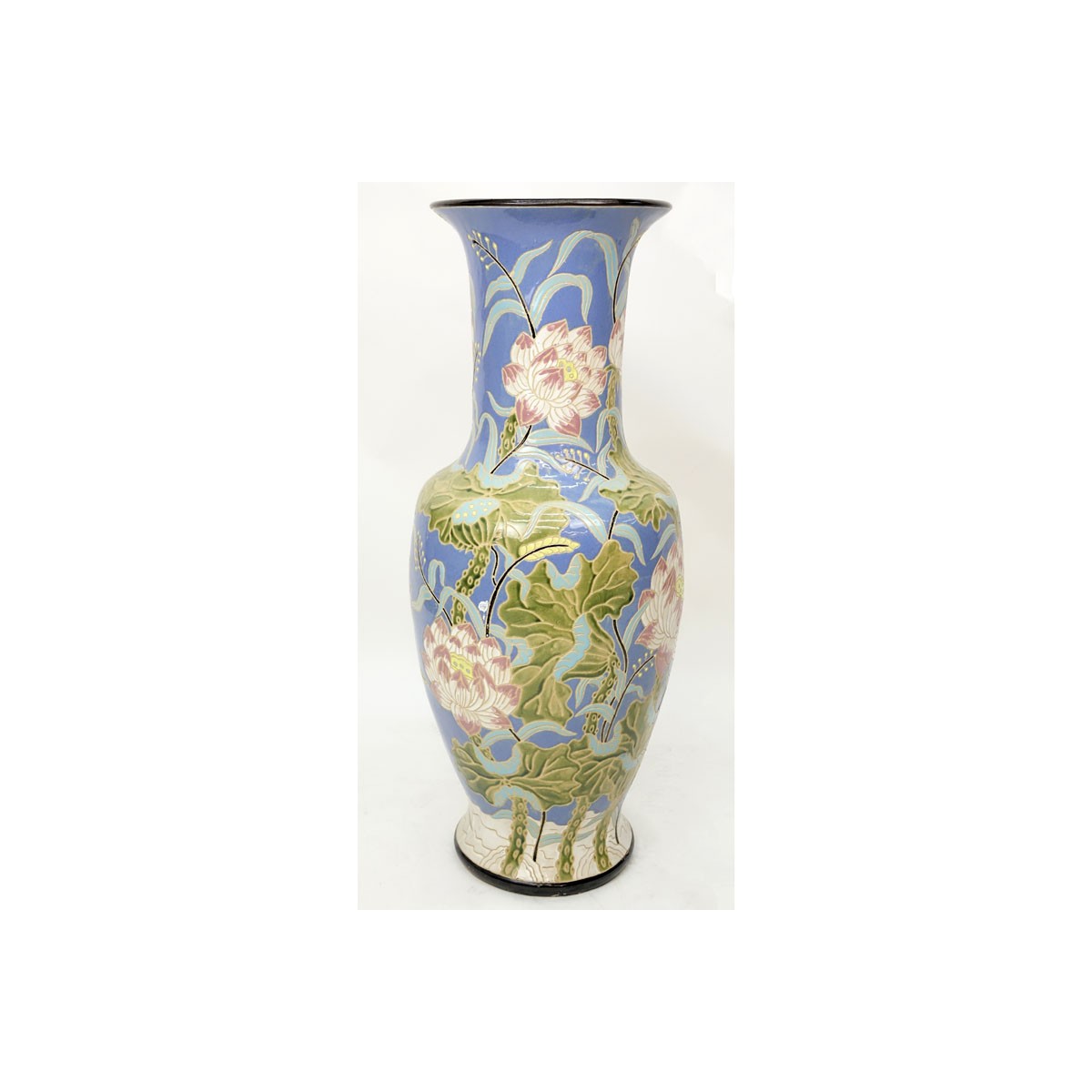 Monumental Majolica Pottery Vase. Features Asian i - Image 2 of 7