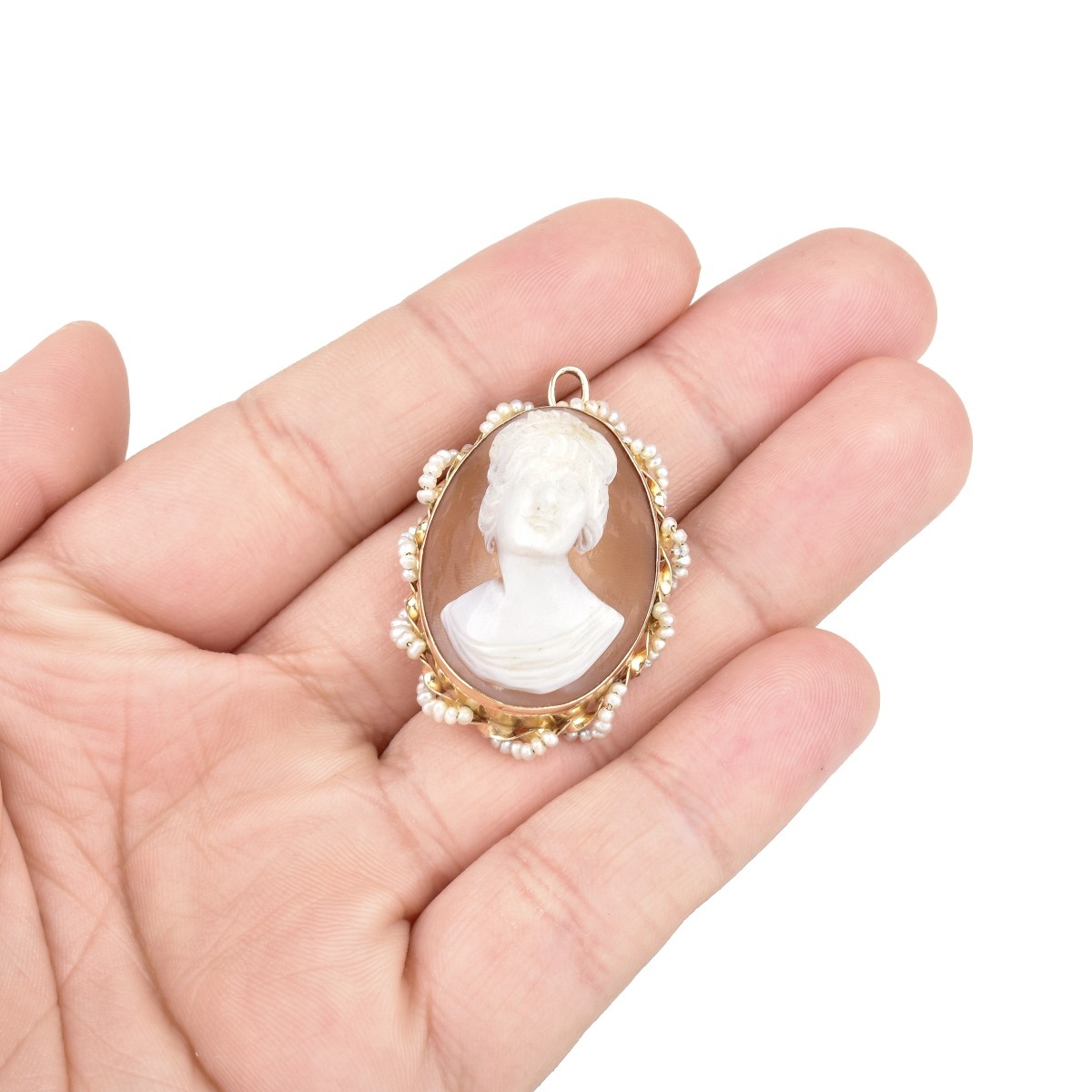 14K Gold and Seed Pearl Cameo Pendant Brooch - Image 5 of 5