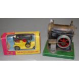 A miniature spirit fired stationary engine, probably Mamod; together with a Y-5 Matchbox 1907