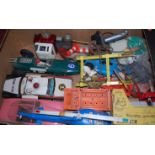 A box of mixed toys, to include tinplate patrol car etc