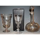 A cut glass pedestal goblet etched with the German Coat of Arms in fitted box, together with an