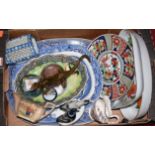 A box of miscellaneous items to include Maling lustre bowl, blue & white transfer decorated meat