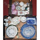 Two boxes of miscellaneous china, to include George Jones & Sons blue and white transfer decorated