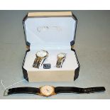 A gents Geneva steel cased quartz wrist watch together with a matching ladies example, boxed, and