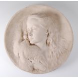 A marble wall plaque, of circular form, relief carved with a young girl and dove, initialled AJH and