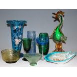 A box of miscellaneous glassware to include Whitefriars style blue glass bark vase, Murano style