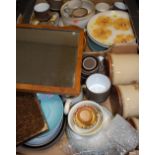 Two boxes of miscellaneous china and kitchenalia to include Denby stoneware graduated set of three