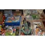 Two boxes of mixed toys to include loose playworn diecast vehicles, various plastic army figures,