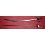An early 20th century Indian sabre, having curved blade, three bar hilt, and leather handle;
