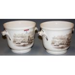 A pair of Copeland Spode cache pots, each transfer decorated with a harbour scene, h.15cm