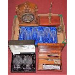 A box of miscellaneous items to include a burr yew pen box and contents to include Kent and Kerwin