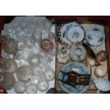 Two boxes of miscellaneous china and glassware, to include Regency triple ring-neck decanter and