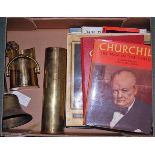 A box of miscellaneous items, to include World War II ARP hand-bell, brass shell case with stipple