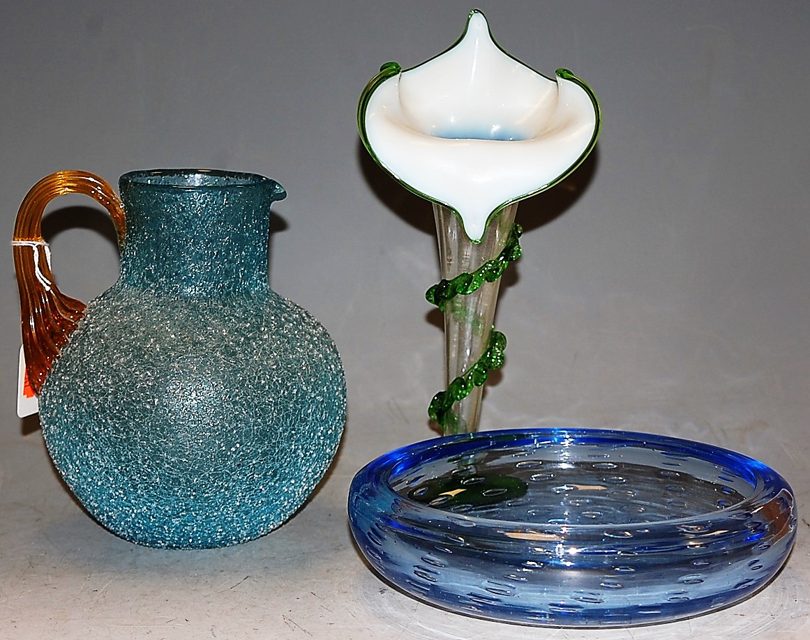 A late Victorian blue tinted crackle glass jug; together with a Jack-in-the-Pulpit glass vase; and a