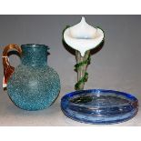 A late Victorian blue tinted crackle glass jug; together with a Jack-in-the-Pulpit glass vase; and a