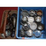 A box of miscellaneous items, to include 19th century and later pewter tankards, a pair of 1920's