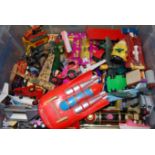 Two boxes of various playworn diecast and plastic toys to include HotWheels Double Dare Race