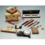 A box of miscellaneous items, to include fountain pen with 14ct gold nib, Centurion mouth organ,