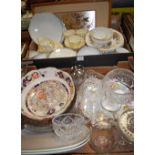 Two boxes of mixed tea china and glassware to include Masons Ironstone centre bowl, Paragon china,