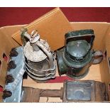 A box of miscellaneous items to include a railway lantern, Victorian and Edwardian Suffolk from