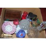 A box of miscellaneous items to include cut glass decanter and stopper, a Sunderland lustre
