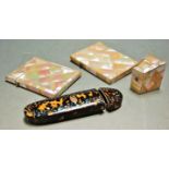 A Victorian tortoiseshell and picquet work spectacle case (a/f) together with two Victorian mother