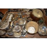 A box of miscellaneous items to include a 1920s oak and silver plated biscuit barrel and cover,