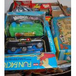 Two boxes of assorted diecast and other toys, to include Burago motor car etc