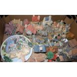 A box of assorted loose cottage ornaments to include David Winter On the River Bank, Suffolk