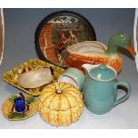 A box of miscellaneous china to include continental relief plaque, a Denby stoneware jug, and a