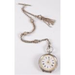 A lady's Swiss silver pocket watch and chain, the white enamel dial with coloured foliate