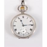 A Dennison silver open faced pocket watch, the white enamel dial with black Roman numerals, hands