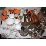 A box of miscellaneous items to include copper flagon, silver plated teapot, continental porcelain