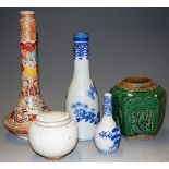 A Japanese Meiji period satsuma bottle vase, height 31cm, together with a Japanese blue & white Saki