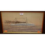 A framed silkwork study of HMS Newcastle 1910, China Station 1912, 22.5 x 40cm, in glazed oak frame