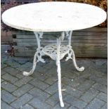 A painted and pierced metal circular garden table, dia. 80cm