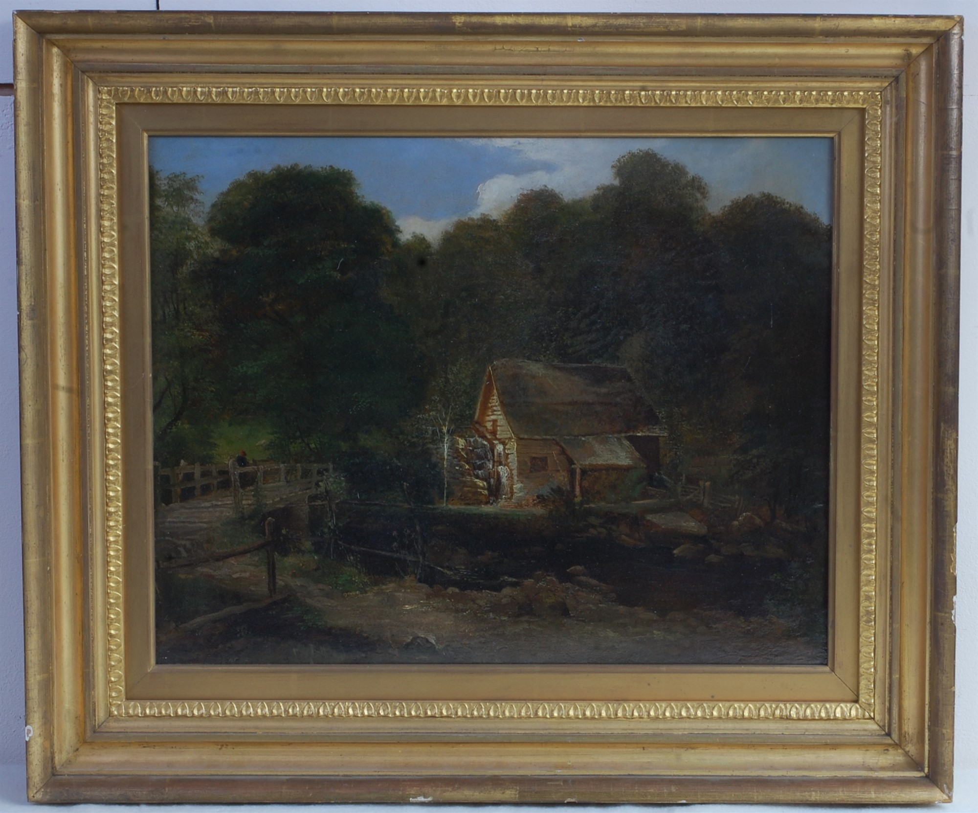 Follower of William Henry Crome (1806-1873) - Figure on a wooden bridge before a watermill, oil on - Image 2 of 4