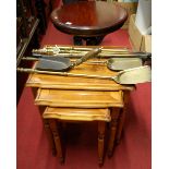 Brass fire irons, nest of occasional tables, hardwood tripod table, Edwardian single chair, and a