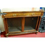 A 19th century rosewood and brass inlaid side cabinet, having a single frieze door over twin