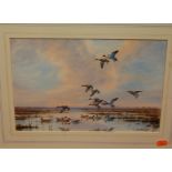S.T. Trinder - Ducks on the marshes, watercolour; two others by the artist; and a hunting print (4)